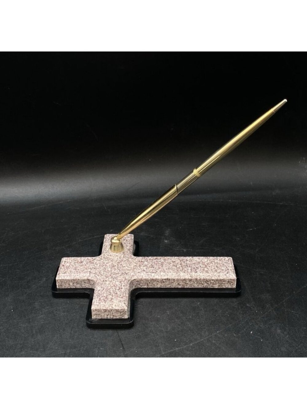 Pastor Priest Faux Marble Flat Table Cross Desk Gold Pen Holder Black Ink